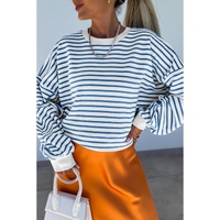 Blue Stripe Drop Shoulder Crew Neck Loose Sweatshirt - L thumbnail