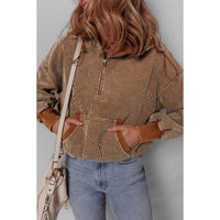 Chestnut Half Zipper Kangaroo Pocket Drawstring Corduroy Hoodie - L thumbnail