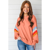 Flamingo Rainbow Striped Sleeve Crew Neck Loose Sweatshirt - L thumbnail