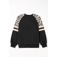 Black Leopard Print Colorblock Raglan Sleeve Sweatshirt - M thumbnail