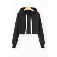Black Solid Drop Shoulder Drawstring Cropped Hoodie - L thumbnail