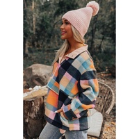 Black Plaid Print Pocketed Half Button Collared Sweatshirt - L thumbnail