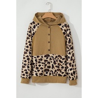 Light French Beige Leopard Print Patchwork Raglan Sleeve Half Buttons Hoodie - L thumbnail