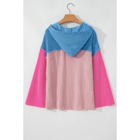 Pink Color Block Patchwork Corded Knit Loose Fit Hooded Blouse - L thumbnail