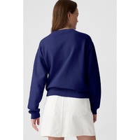 Navy Blue Plain Drop Shoulder Crewneck Pullover Sweatshirt - L thumbnail