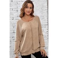 Light French Beige Solid Waffle Knit Patchwork Raglan Sleeve Sweatshirt - 2XL thumbnail