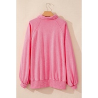 Pink Solid Snap Buttons Collared Balloon Sleeve Oversized Sweatshirt - S thumbnail