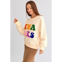 Apricot THANKS Chenille Embroidered Drop Shoulder Graphic Sweatshirt - S thumbnail