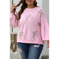 Light Pink Embroidered Bow Lantern Sleeve Oversized Pullover Sweatshirt - 2XL thumbnail