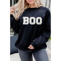 Black Chenille BOO Patched Pattern Crewneck Halloween Sweatshirt - L thumbnail