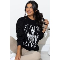 Black STAYING ALIVE Skull Graphic Crewneck Halloween Sweatshirt - L thumbnail