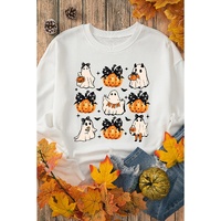 Beige Halloween Ghost Pumpkin Print Crew Neck Sweatshirt - L thumbnail