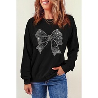Black Rhinestone Bowknot Graphic Crewneck Pullover Sweatshirt - M thumbnail