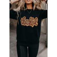 Black Glittering thankful Graphic Drop Shoulder Sweatshirt - L thumbnail