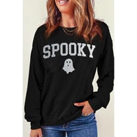 Black Glitter SPOOKY Ghost Pattern Crew Neck Halloween Sweatshirt - XL thumbnail