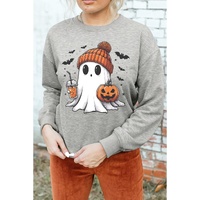Gray Halloween Ghost Print Crewneck Drop Shoulder Sweatshirt - L thumbnail