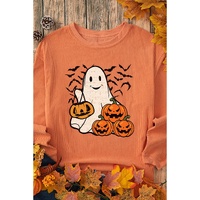 Orange Halloween Ghost Pumpkin Bat Print Corded Pullover Sweatshirt - L thumbnail