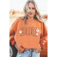 Orange Embroidered BOO Ghost Corded Halloween Sweatshirt - L thumbnail