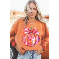 Orange Bow Pumpkin Graphic Crewneck Corded Thanksgiving Sweatshirt - L thumbnail