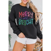 Black Glittering Merry and Bright Graphic Christmas Pullover Sweatshirt - S thumbnail