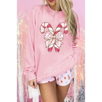 Pink Christmas Bow Candy Cane Graphic Drop Shoulder Crew Neck Sweatshirt - S thumbnail