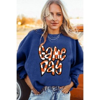 Dark Blue Chenille Checkered Game Day Graphic Drop Shoulder Corded Sweatshirt - XL thumbnail