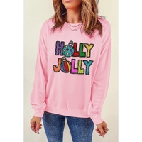 Pink HOLLY JOLLY Christmas Festive Letter Graphic Sweatshirt - M thumbnail