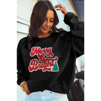 Black Merry & Bright Christmas Tree Pattern Corded Baggy Sweatshirt - 3XL thumbnail