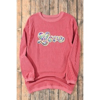 Strawberry Pink Sequin Love Graphic Drop Shoulder Corded Valentines Sweatshirt - XL thumbnail