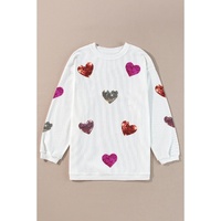 White Valentines Heart Patched Pattern Corded Pullover Sweatshirt - L thumbnail