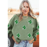 Grass Green Ribbed Four Leaf Clover Graphic St. Patricks Pullover Sweatshirt - S thumbnail