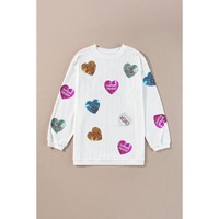 White Valentines Slogan Heart Sequin Corded Baggy Sweatshirt - S thumbnail