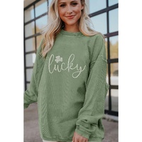 Grass Green Rhinestone lucky Clover Graphic Ribbed St Patrick Sweatshirt - S thumbnail
