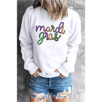 White Sequined mardi gras Graphic Crew Neck Drop Shoulder Sweatshirt - S thumbnail