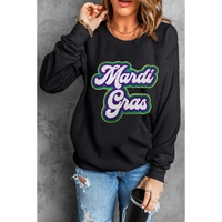 Black Mardi Gras Chenille Patched Graphic Drop Shoulder Sweatshirt - S thumbnail
