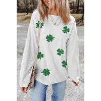 White Sequin Clover Patched Drop Shoulder Corded Sweatshirt - M thumbnail