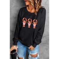 Black Cute Bow Crawfish Printed Drop Shoulder Sweatshirt - M thumbnail