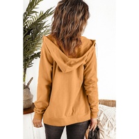 Brown Zip-Up Pocket Drawstring Hoodie Jacket - S thumbnail