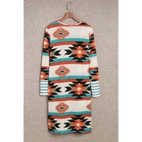 Multicolor Geometric Color Block Open Front Long Cardigan - S thumbnail