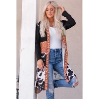 Black Western Pattern Cow Patchwork Open Front Cardigan - M thumbnail