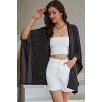 Black Lace Trim Ribbed Oversize Kimono - One Size thumbnail