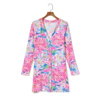 Pink Flower Print Long Sleeve Button Up Cardigan - S thumbnail