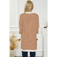 Brown Striped Side Pockets Open Front Cardigan - M thumbnail