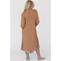 Chestnut Long Waffle Knit Cardigan with Pockets - L thumbnail