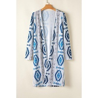 Sky Blue Western Aztec Printed Open Front Long Cardigan - L thumbnail