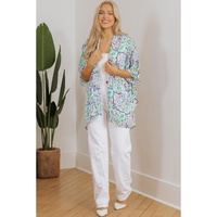 White Boho Floral Printed Rhinestone 3/4 Sleeve Open Front Kimono - XL thumbnail