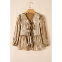 Gold Bow Tie Front Puff 3/4 Sleeve Ruffle Hem Blouse - L thumbnail