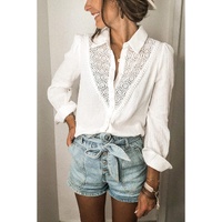 Azura Exchange Lace Hollow-out Splicing Crinkled Shirt - L thumbnail