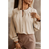 Khaki Crew Neck Gathered Stretch Cuff Shirt - L thumbnail