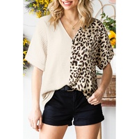 Khaki Contrast Leopard Color Block Blouse - M thumbnail